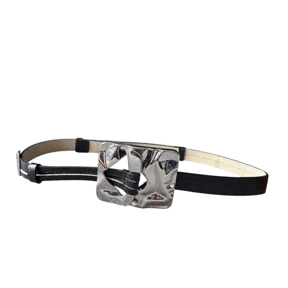 Chico’s Brutalist Silver Hammered Buckle Leather Belt medium large Vintage y2k
